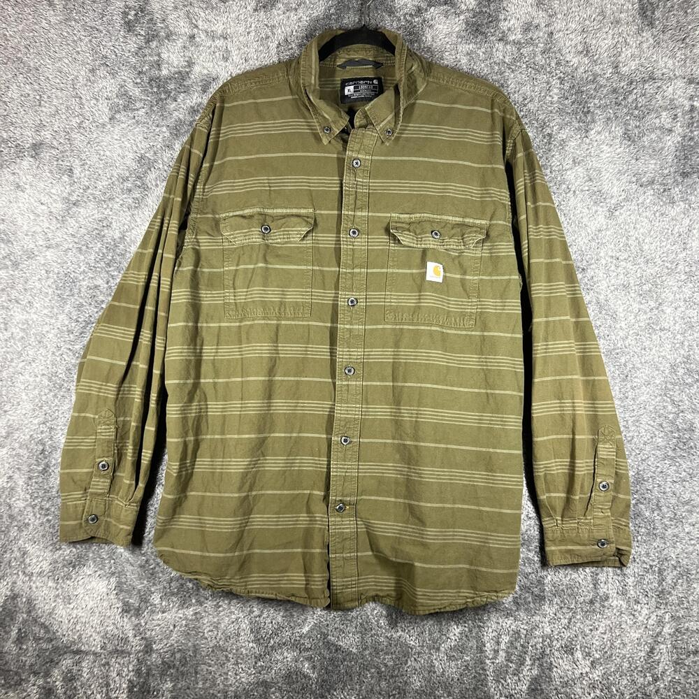 Carhartt Shirt Mens XL Green Button Up Loose Fit Striped Cotton Workwear